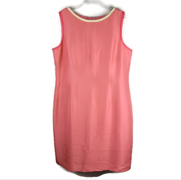 - 𝅺Talbots Womens Dress 18 100% Silk Salmon Lined Sheath Yellow Neckline T… - Picture 1 of 14
